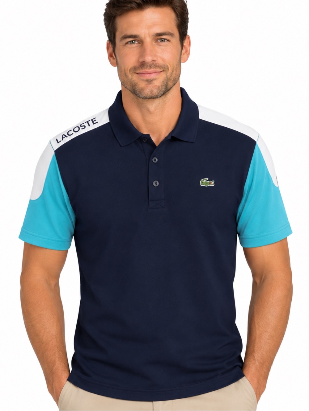 Lacoste Sport Ultra Dry Men’s Navy Polo with White & Aqua Colorblock Sleeves EC